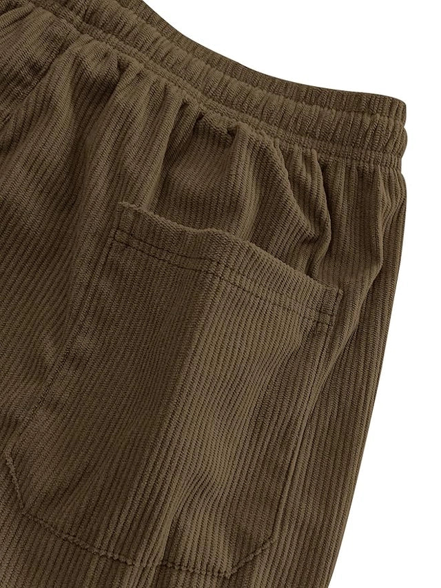 Mens Corduroy Casual Pants Fashion Loose Fit Wide Leg Pants Straight Sweatpants Elastic Waist Drawstring